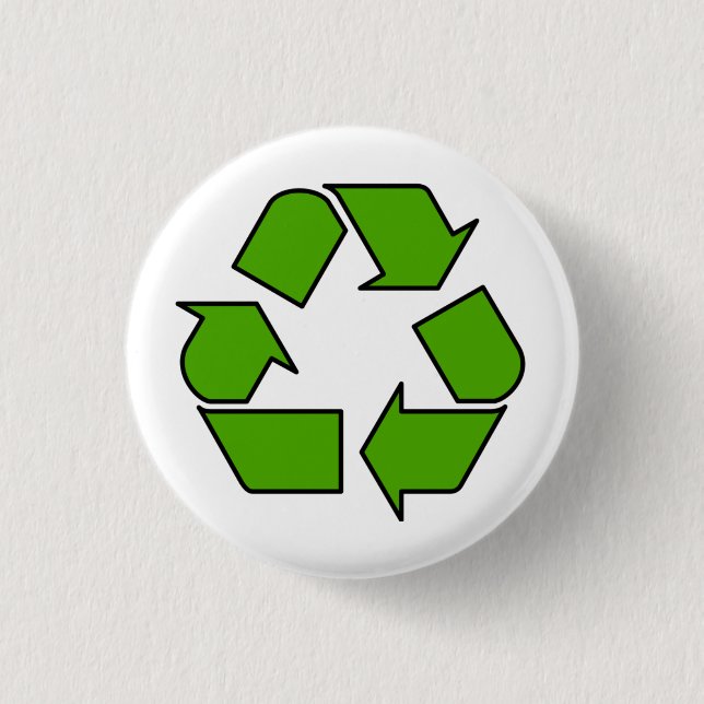 Green Recycle symbol button pin for earth day (Front)
