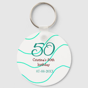 Green red 50 birthday anniversary add name date p keychain