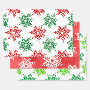Green, Red Abstract Watercolor Snowflakes   Wrapping Paper Sheet