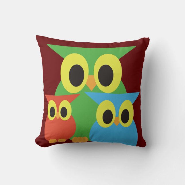 Green, Red and Blue Owls Throw Pillow (Front)