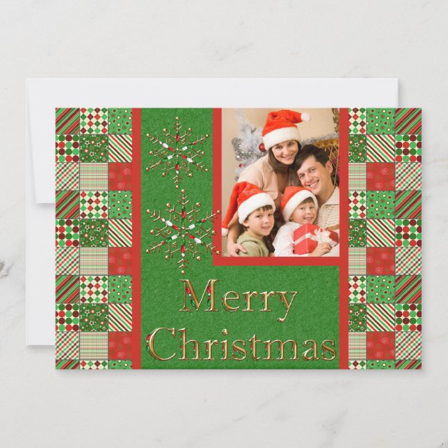 Green, Red, and Cream Quilted Christmas Photo Card (Front)