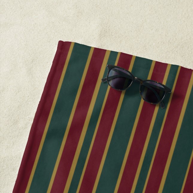 Green Red And Gold Christmas Candy Stripes Beach Towel (In Situ)