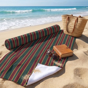 Green Red And Gold Christmas Candy Stripes Beach Towel
