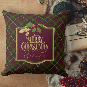 Green, Red And Gold Plaid With Name Christmas Throw Pillow