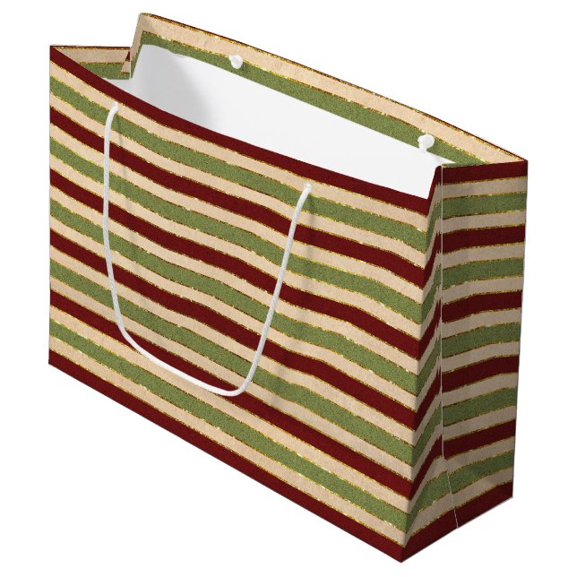 Green, Red and old Foil Striped Christmas Pattern Large Gift Bag (Front Angled)