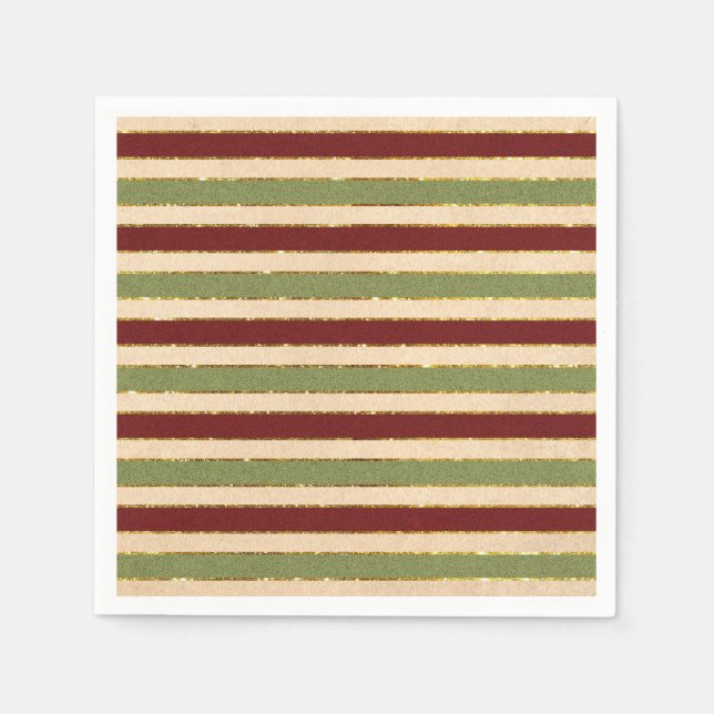 Green, Red and old Foil Striped Christmas Pattern Napkin (Front)
