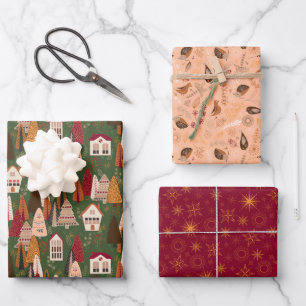 Green Red and Pink Christmas Forest Village Wrapping Paper Sheet