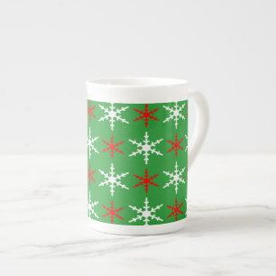 Green, red and white christmas snowflakes pattern bone china mug