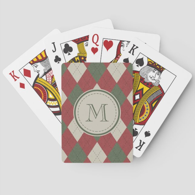 Green & Red Argyle Plaid Pattern with Monogram Playing Cards (Back)