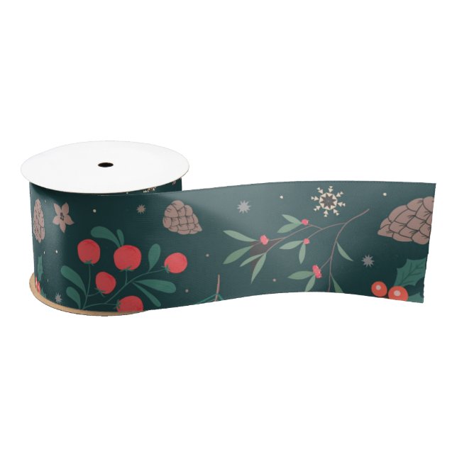 Green Red Berries Pine Christmas Floral Pattern Satin Ribbon (Spool)