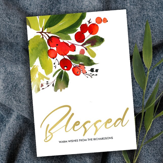 GREEN RED BERRIES WATERCOLOR CHRISTMAS BLESSED CARD (Creator Uploaded)