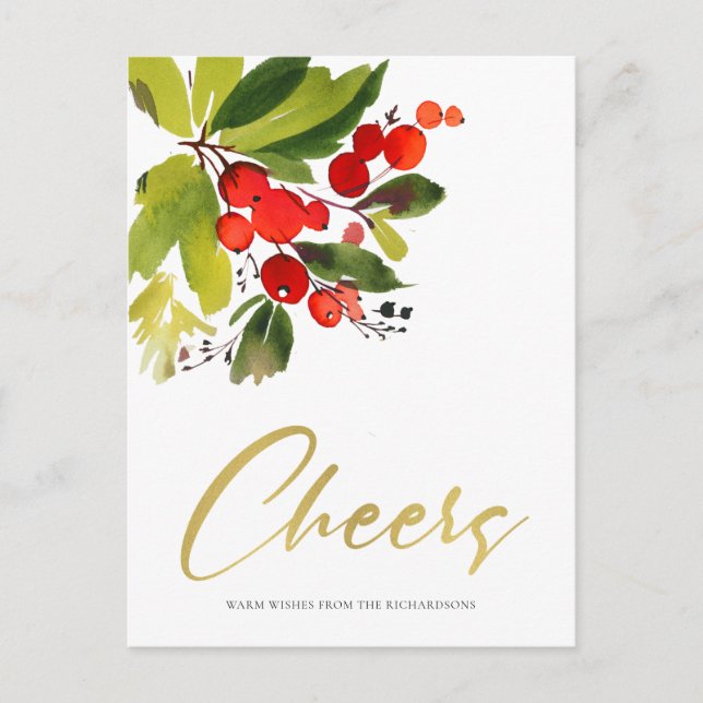 GREEN RED BERRIES WATERCOLOR CHRISTMAS CHEERS HOLIDAY POSTCARD (Front)