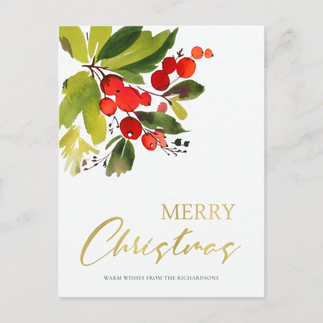 GREEN RED BERRIES WATERCOLOR MERRY CHRISTMAS HOLIDAY POSTCARD (Front)