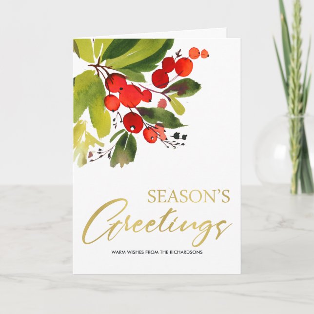 GREEN RED BERRIES WATERCOLOR SEASON GREETINGS CARD (Front)