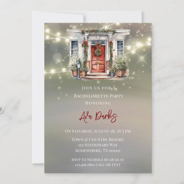 Green Red Berry Decor Door Lite Bachelorette Party Invitation (Front)