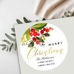 GREEN RED BERRY WATERCOLOR MERRY CHRISTMAS ADDRESS CLASSIC ROUND STICKER<br><div class="desc">UNIQUE,  MODERN,  CONTEMPORARY,  TRENDY,  MINIMAL,  BOLD,  BRIGHT,  FUN,  CHEERFUL  range of products and coordinated collections. 
Hope you enjoy...  

For any further customisation or any other matching items,  please feel free to contact me at yellowfebstudio@gmail.com</div>
