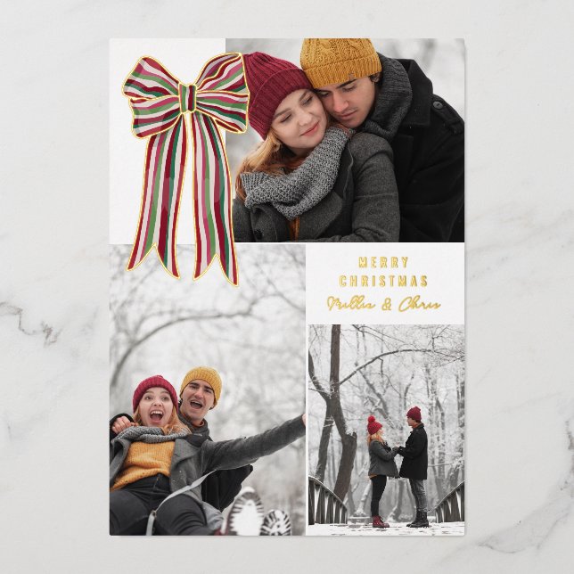 Green Red Big Striped Bow Merry Christmas Photo Foil Holiday Card (Front)