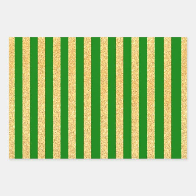 Green Red Black Gold Glitter Stripes Pattern  Wrapping Paper Sheet (Front)