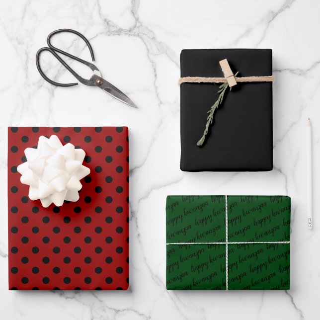 Green Red Black Happy Kwanzaa Polka Dot Pattern Wrapping Paper Sheet (Front)