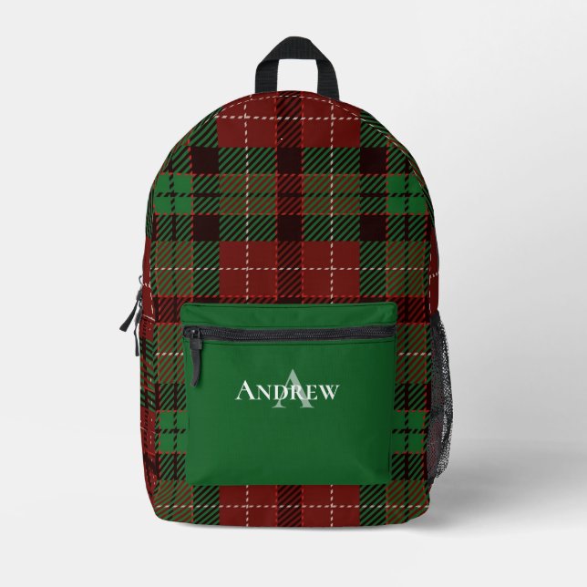 Green, Red, Black Personalized Plaid Printed Backpack (Front)