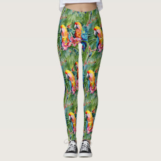 Green, Red, Blue Parrots and Tropical Flowers Leggings