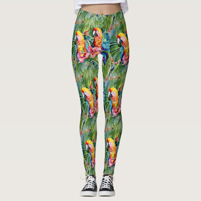 Green, Red, Blue Parrots and Tropical Flowers Leggings (Front)