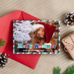 Green Red Blue Retro Merry Woofmas Dog Christmas Holiday Card<br><div class="desc">Dog themed Merry Christmas photo card with stripes in red and white and different shades of green and blue along with Merry Woofmas written across a photo of your dog in a retro groovy font in red,  blue,  and green.</div>