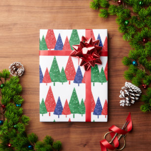 Green, Red & Blue Watercolor Trees Wrapping Paper