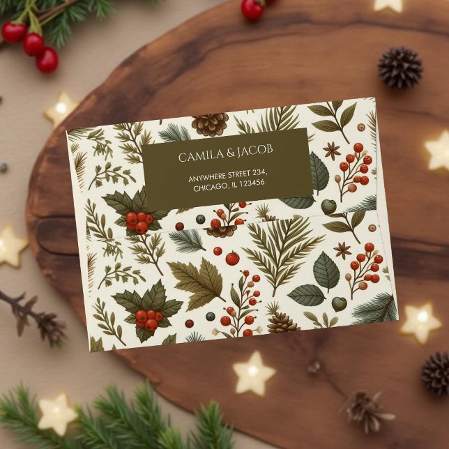 Green Red Botanical Holiday Pretty Elegant Floral  Envelope (Creator Uploaded)