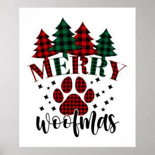 Green Red Buffalo Plaid Christmas Tree And Paw Poster