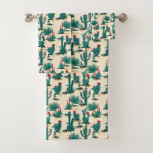 Green & Red Cactus Pattern Bath Towel Set