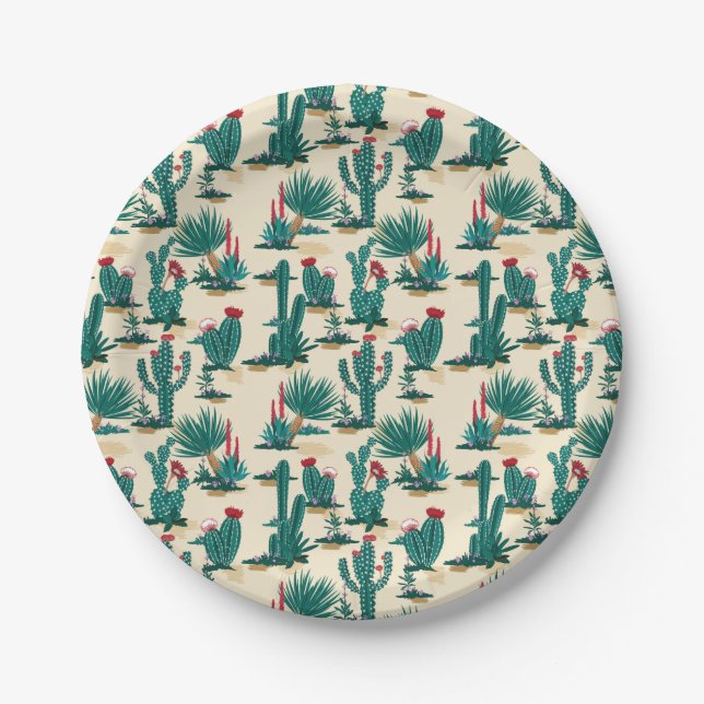 Green & Red Cactus Pattern Paper Plate (Front)