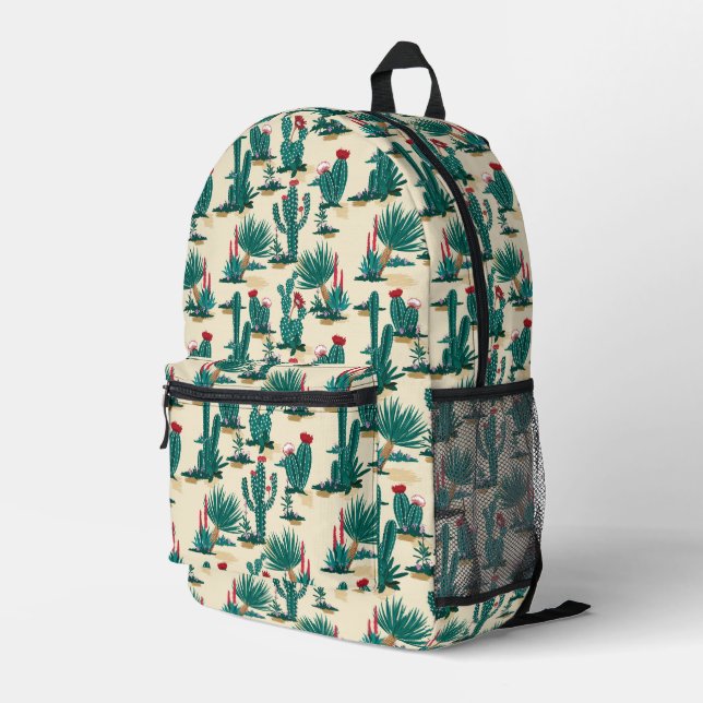 Green & Red Cactus Pattern Printed Backpack (Back Corner Right)