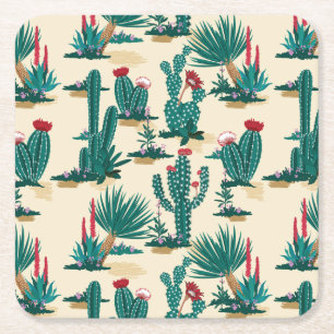 Green & Red Cactus Pattern Square Paper Coaster