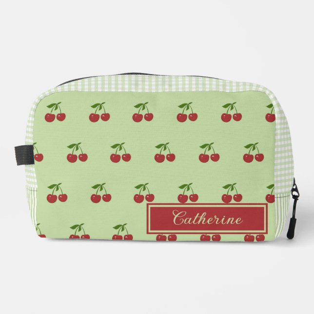 Green & Red Cherry Gingham Pattern Simple Fruit Dopp Kit (Front)