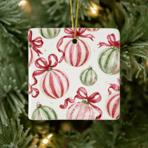 Green Red Christmas Bulbs Ribbons Ceramic Ornament
