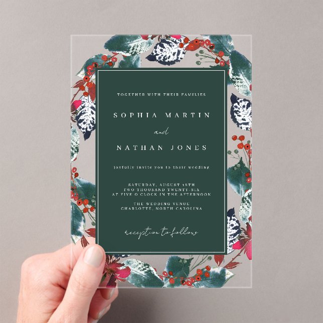 Green Red Christmas Floral Wreath Clear Wedding Acrylic Invitations (Insitu (Handheld))