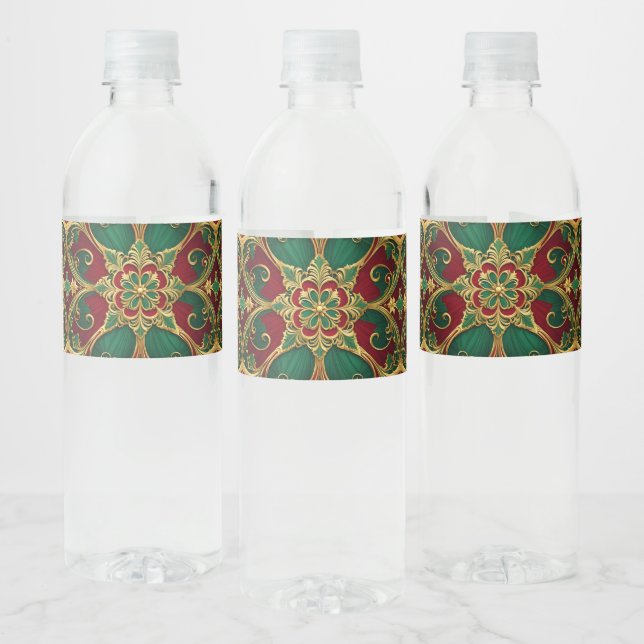 Green Red Christmas Holiday Water Bottle Label (Bottles)