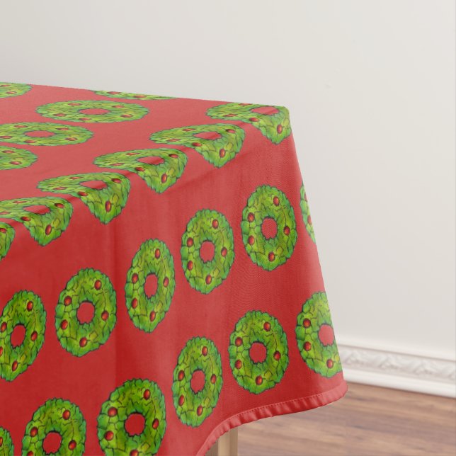 Green Red Christmas Holly Wreath Cookie Holiday Tablecloth (In Situ)