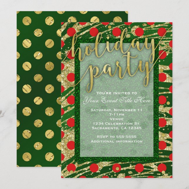 Green & Red Circles Gold Fêtes Invitations (Devant / Derrière)