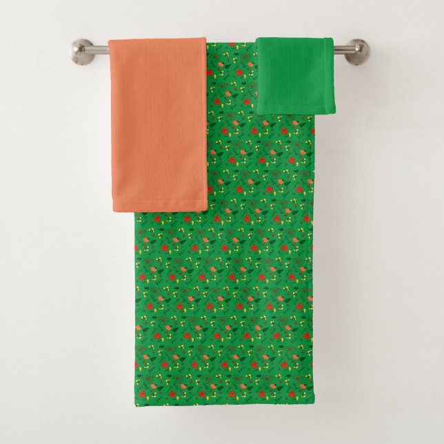 Green red coral Pattern mini wildflower  Bath Towel Set (Insitu)
