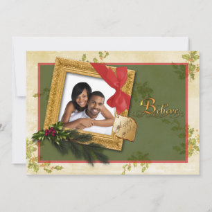 Green, Red, Cream, Gold Christmas Holly Photo Card