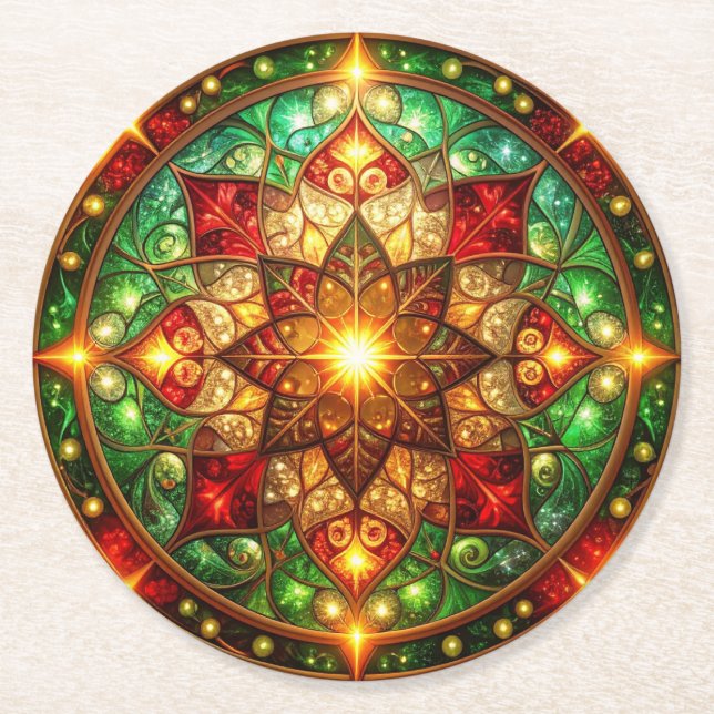 Green Red Decorative Holiday Paper Coaster (Front)