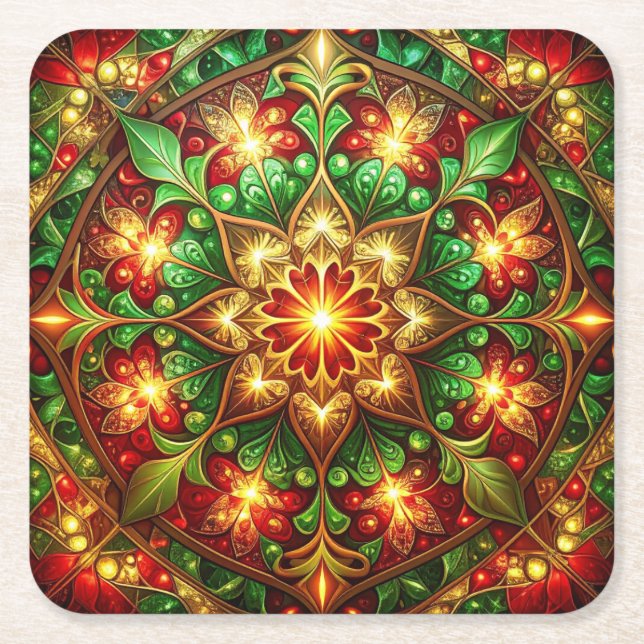 Green Red Decorative Holiday Paper Coaster (Front)