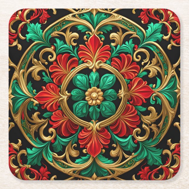 Green Red Decorative Holiday Paper Coaster (Front)