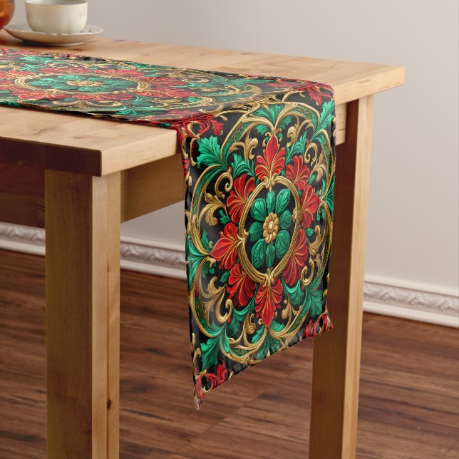 Green Red Decorative Holiday Table Runner (In Situ)