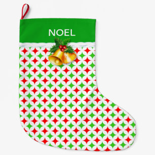 Green & Red Diamond Star Pattern on White Large Ch Christmas Stocking