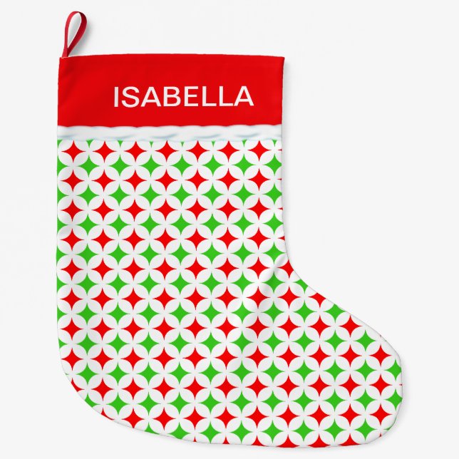 Green & Red Diamond Star Pattern on White Large Christmas Stocking (Front)