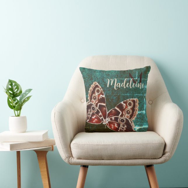 Green Red Fantasy Butterfly Gold Name Grunge Throw Pillow (Chair)