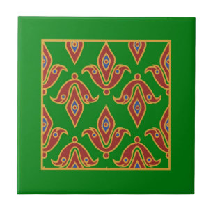Green, Red, Fleur-de-lys Ceramic Tile